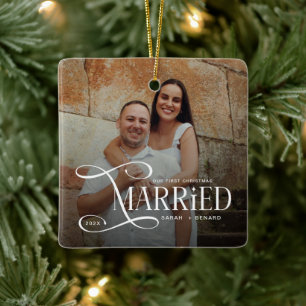 Minimale erste Weihnachten verheiratete Paare 2 Fo Keramikornament