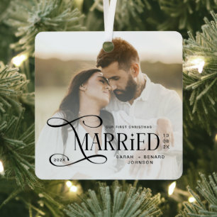 Minimale Erstweihnachten-Verheiratete-Paare-Foto Ornament Aus Metall