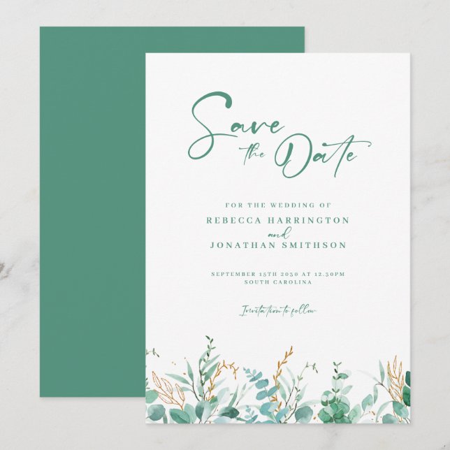 Minimale Eukalyptus Gold-Hochzeit retten das Datum Save The Date (Vorne/Hinten)