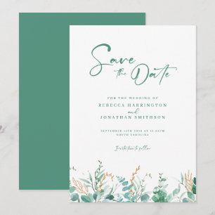 Minimale Eukalyptus Gold-Hochzeit retten das Datum Save The Date