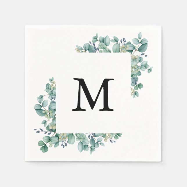 Minimale Eukalyptus Grünes Leaf Monogramm Hochzeit Serviette (Vorderseite)