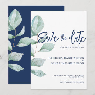 Minimale Eukalyptus Navy Blue Wedding rettet das D Einladung