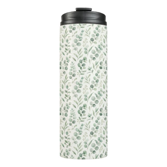 Minimale Eukalyptusblätter nahtloses Muster Thermosbecher (Vorderseite)