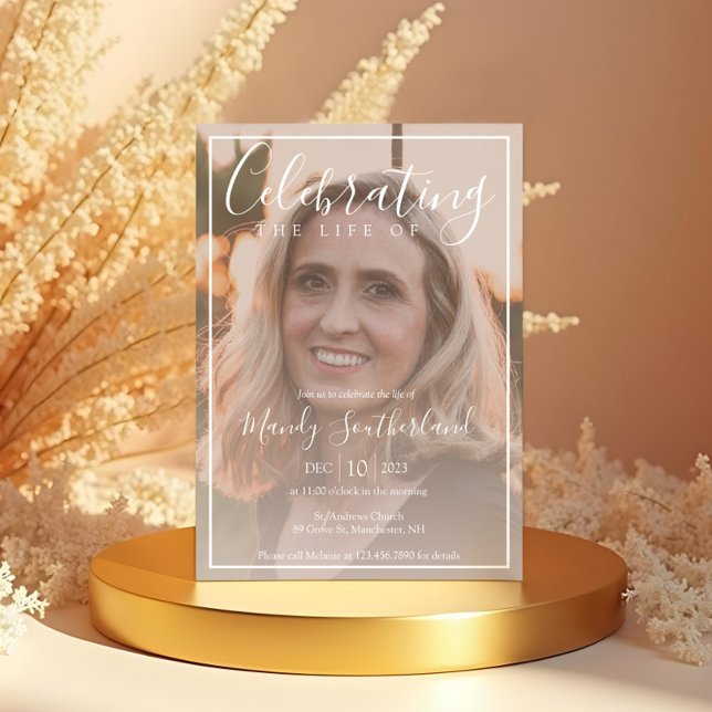 Minimale Feier des Lebens Elegantes Script-Foto Einladung (Minimal Celebration of Life Elegant Script Photo Invitation)