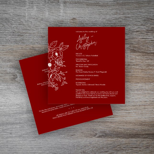 Minimale florale botanische Ruby Red Wedding Programm (Von Creator hochgeladen)