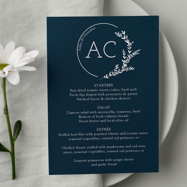 Minimale Foliage Frame Navy Blue Wedding Reception Menükarte (Von Creator hochgeladen)
