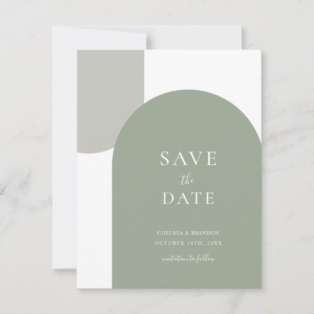 Minimale formelle Skript-Sage-Grün-Bogen-Boho-Hoch Save The Date (Vorderseite)
