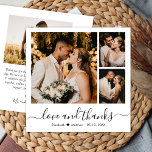 Minimale Foto Collage Liebe und Dank Hochzeit Dankeskarte<br><div class="desc">Simle Minimalistisch Elegant "Liebe und danke" Script 3 Foto Collage Custom personalisiert Wedding Dankeschön Karte. Stilvolle Hochzeit dank Kartenvorlage mit drei (3) Foto vorne (Raster Foto Collage) und einem Foto auf der Rückseite. Mit dem Text "Liebe und Dank" in einer Wirblen Hand Schrift Schriftzug Swash-Schwanz Schriftart in schwarz auf weißem...</div>