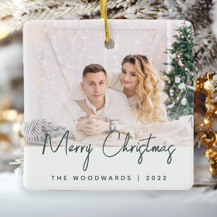 Minimale Foto Frohe Weihnachten Grüne Schrift Keramikornament