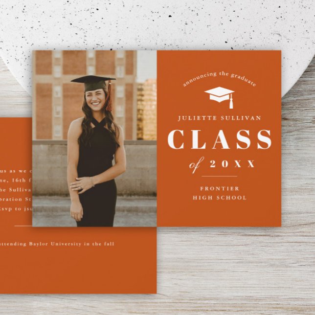 Minimale Foto-Graduationspartei Einladung (Simple type orange photo graduation invitations.)