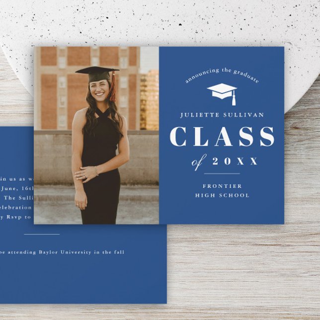 Minimale Foto-Graduationspartei Einladung (Blue Photo graduation invitation announcement card.)