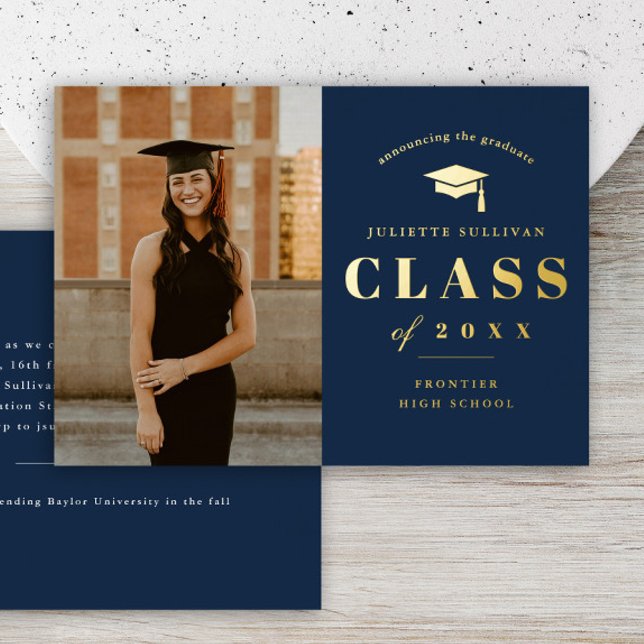 Minimale Foto-Graduationspartei Folieneinladung (Minimal type photo graduation gold foil invitations.)