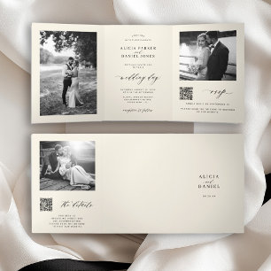 Minimale Foto-QR-Code-RSVP-Details Elfenbein-Hochz Dreifach Gefaltete Einladung