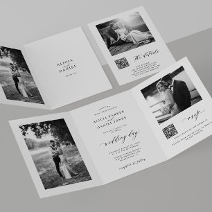 Minimale Foto-QR-Code-RSVP-Details weiße Hochzeit Dreifach Gefaltete Einladung