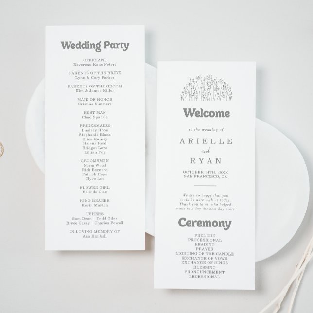 Minimale gedämpfte graue Wildblumen-Hochzeitsprogr Programm (Von Creator hochgeladen)