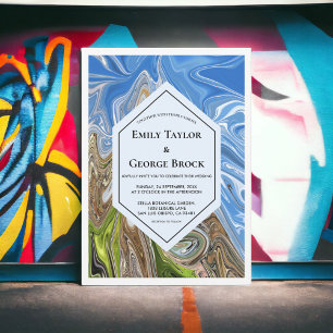 Minimale geometrische blaue grüne Erdtöne-Hochzeit Einladung