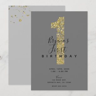 Minimale graue Goldflakes 1 Glitter 1. Geburtstag Einladung