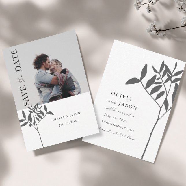 Minimale graue und weiße Foto-Botanik-Save-the-Dat Save The Date (Von Creator hochgeladen)