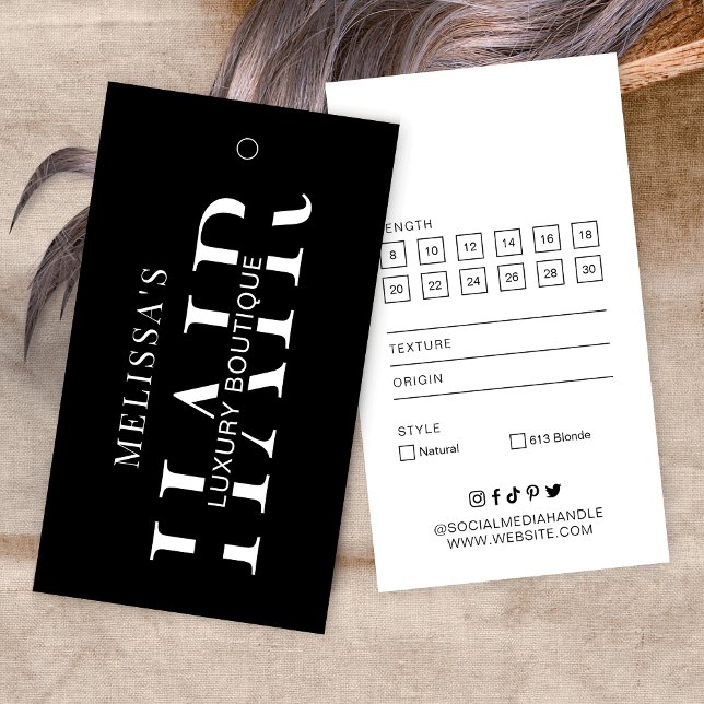Minimale Größe für Schwarze Haare (Minimalist black & white hair extensions bundle hang tag label design with sizing & style info)