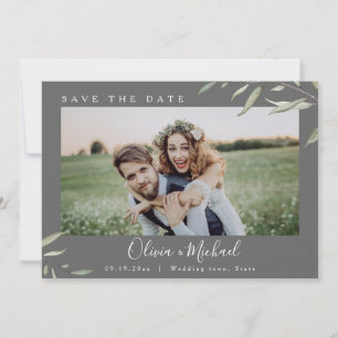 Minimale Grün-Foto-Hochzeit-Sparen Sie das Datum Einladung