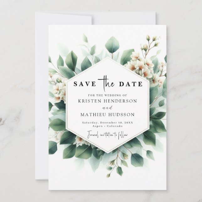 Minimale grüne Eukalyptus Digital Wedding Save The Date (Vorderseite)