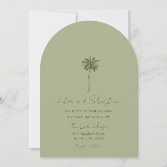 Minimale grüne Palmenstrand-Hochzeitseinladung Einladung (Vorderseite)