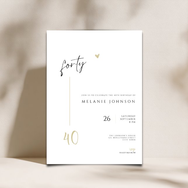 Minimale handgeschriebene Einladung zur 40. Geburt (Minimal Modern 40th Birthday invitation with handwritten typography,)