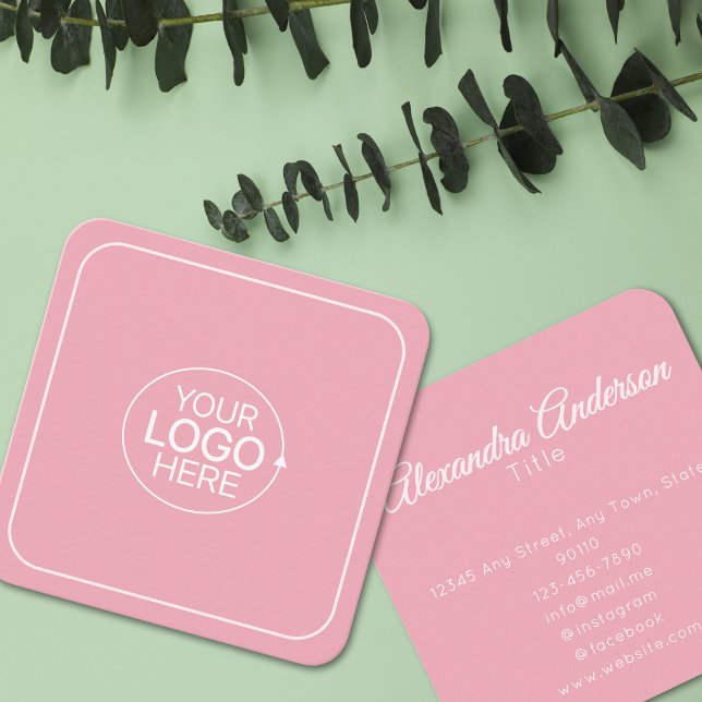 Minimale Hinzufügen Ihres Logos Rosa Farbkalligraf Quadratische Visitenkarte (Minimal Add Your Logo Blush Pink Calligraphy Square Business Card )