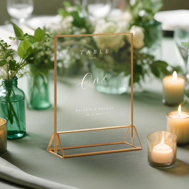 Minimale Hochzeit Elegante White Script-Tischnumme Acrylschild (Minimal Wedding Elegant White Script Table Number Acrylic Sign)