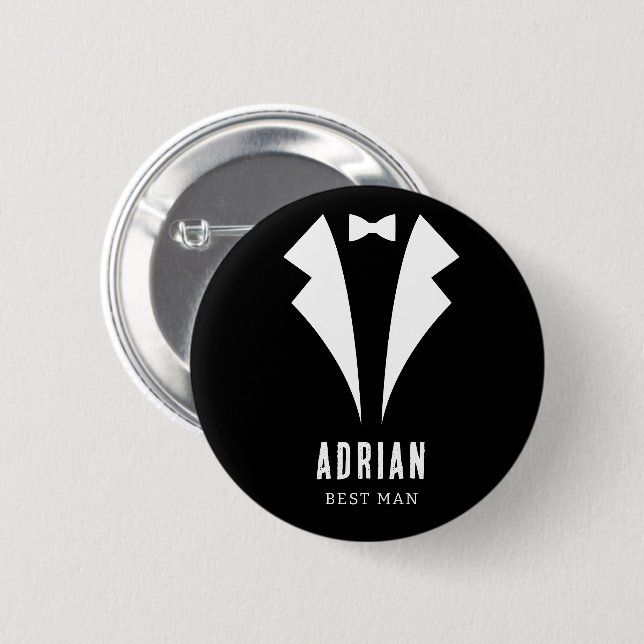 Minimale Hochzeit Trauzeuge Name Schwarzer Smoking Button (Vorne & Hinten)