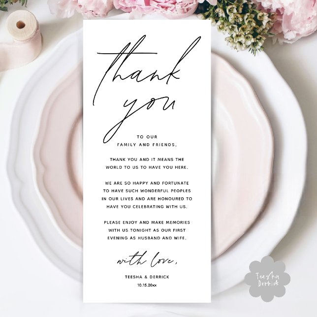 Minimale Hochzeits-Dankeskarten für das Hochzeitsd Programm (Wedding Minimalist Wedding Dinner Brunch Lunch Reception Thank You Card in Black and white)