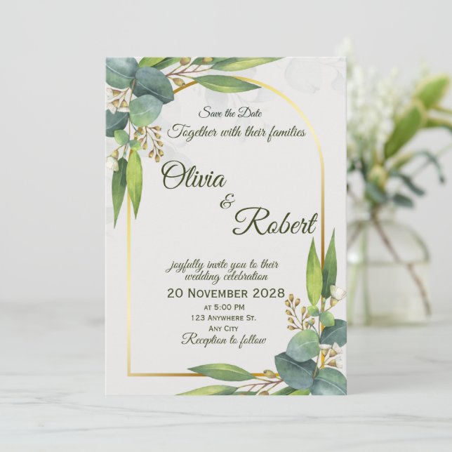 Minimale Hochzeitseinladung mit Grün Goldener Boge Einladung (Stehend Vorderseite)