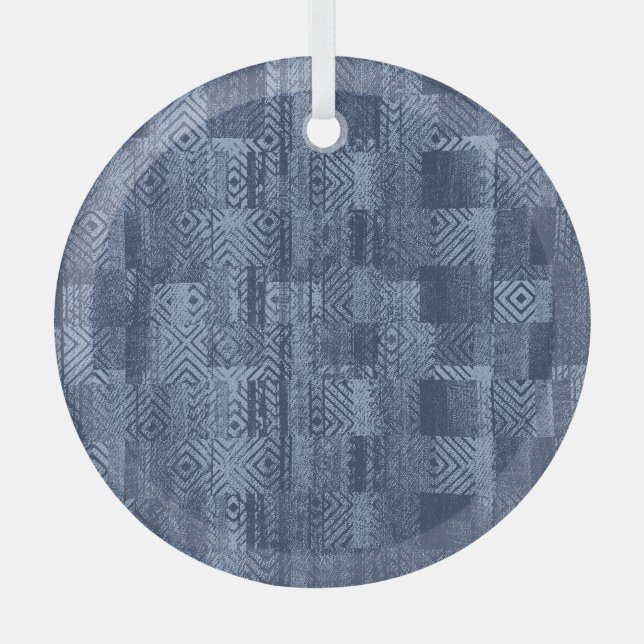 Minimale Jeans-Abstrakt-Memphis-Patchwork Ornament Aus Glas (Vorderseite)