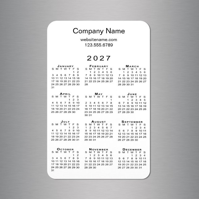 Minimale Kalender-Firmenname-Info 2027 Weiß Magnet (Minimal 2027 Calendar Company Name Info White Magnet in situ)