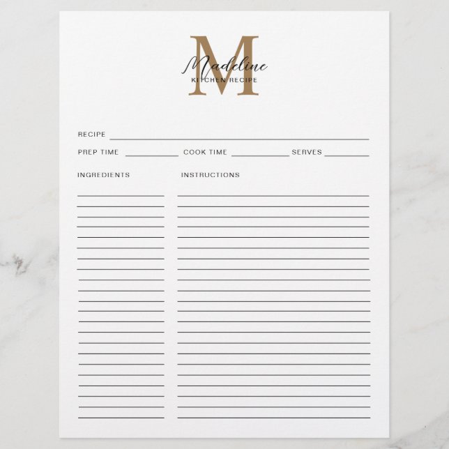 Minimale Kalligrafie Gold Monogramm Rezeptvorlage (Vorderseite)
