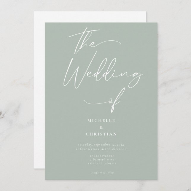 Minimale Kalligraphie, Solid Light Sage Wedding Einladung (Vorne/Hinten)