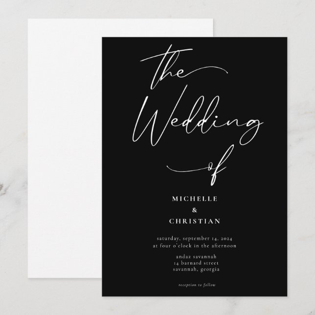 Minimale Kalligraphie Solid White Black Wedding Einladung (Vorne/Hinten)