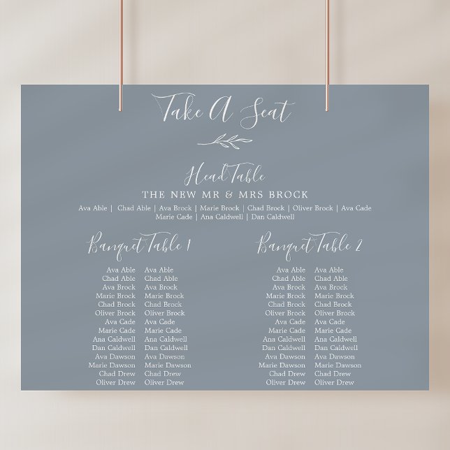 Minimale Leaf Blue Banquet Hochzeitskarte Poster (Minimal Leaf Blue Banquet Wedding Seating Chart)
