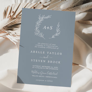 Minimale Leaf Blue & White Formal Monogram Wedding Einladung