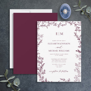 Minimale Leaf Burgundy Elegant Monogram Wedding Einladung