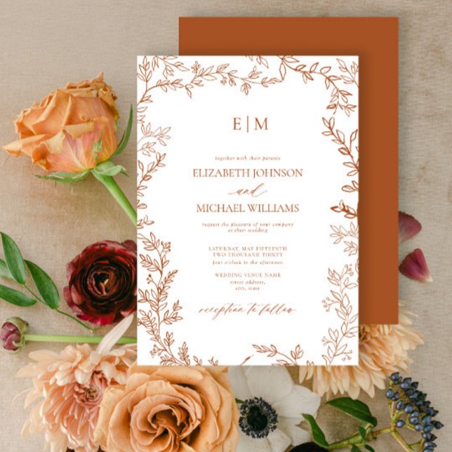 Minimale Leaf Burnt Orange Elegant Monogram Weddin Einladung (Von Creator hochgeladen)