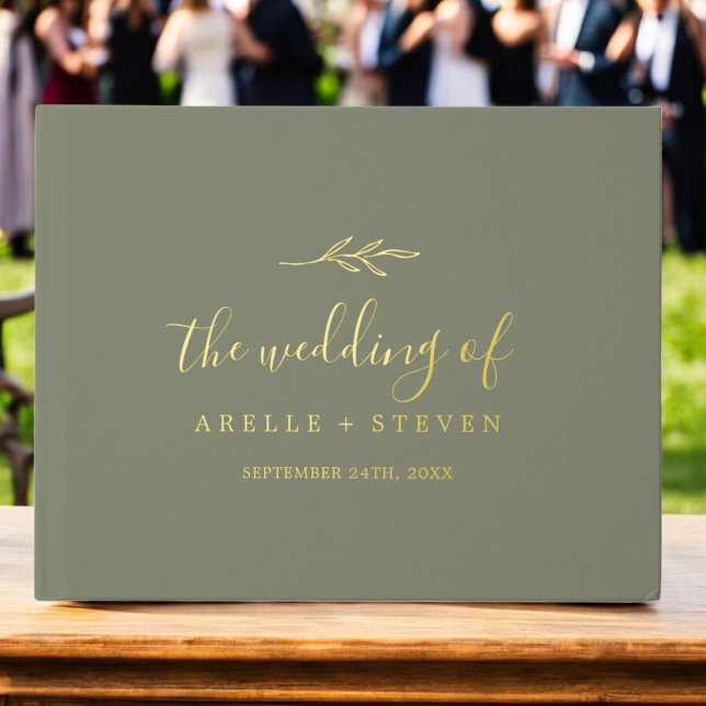 Minimale Leaf Dunkelgrüne Gold Foil Monogramm Hoch Gästebuch (Minimal Leaf Dark Green Gold Foil Monogram Wedding Foil Guest Book)