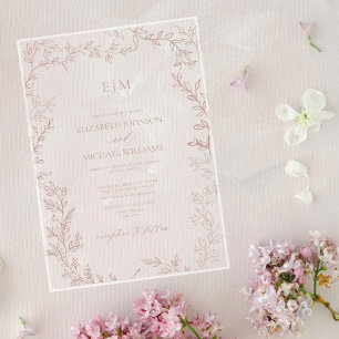 Minimale Leaf Dusty Rose Elegante Monogramm Hochze Acryleinladungen