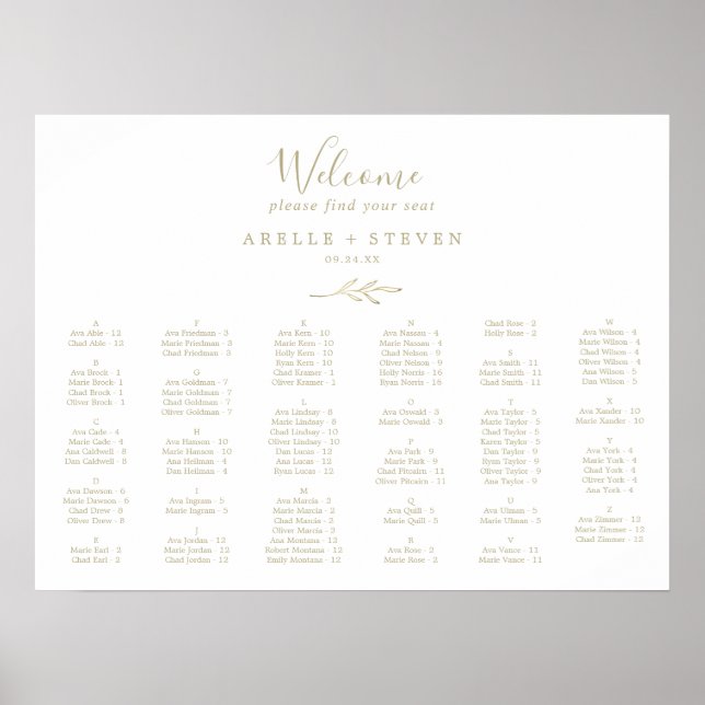 Minimale Leaf Gold Alphabetische Sitzkarte Poster (Vorne)