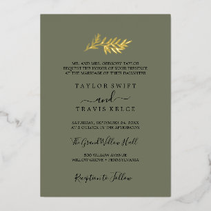 Minimale Leaf Gold Foil Dunkelgrüne Hochzeit Folieneinladung
