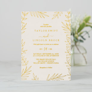 Minimale Leaf Gold Foil & Elfenbeinrahmen Hochzeit Folieneinladung