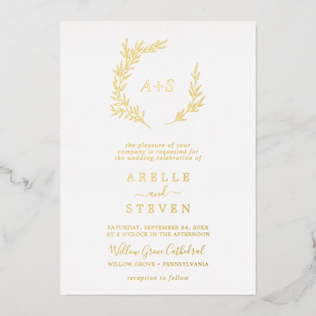 Minimale Leaf Gold Foil Fett Name Monogram Wedding Folieneinladung (Vorderseite)