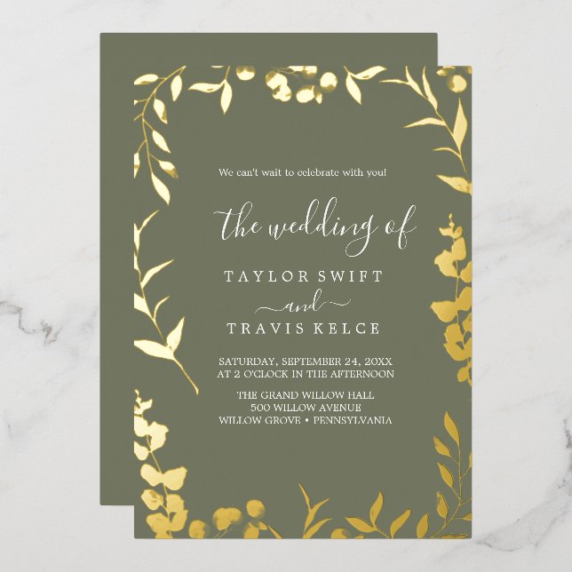 Minimale Leaf Pflaume Lila und Gold Foil Wedding Folieneinladung (Vorderseite/Rückseite)