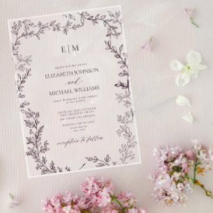 Minimale Leaf Pum Lila Elegant Monogram Wedding Acryleinladungen