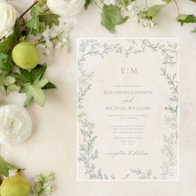 Minimale Leaf Sage Green Elegant Monogram Wedding Acryleinladungen (Von Creator hochgeladen)
